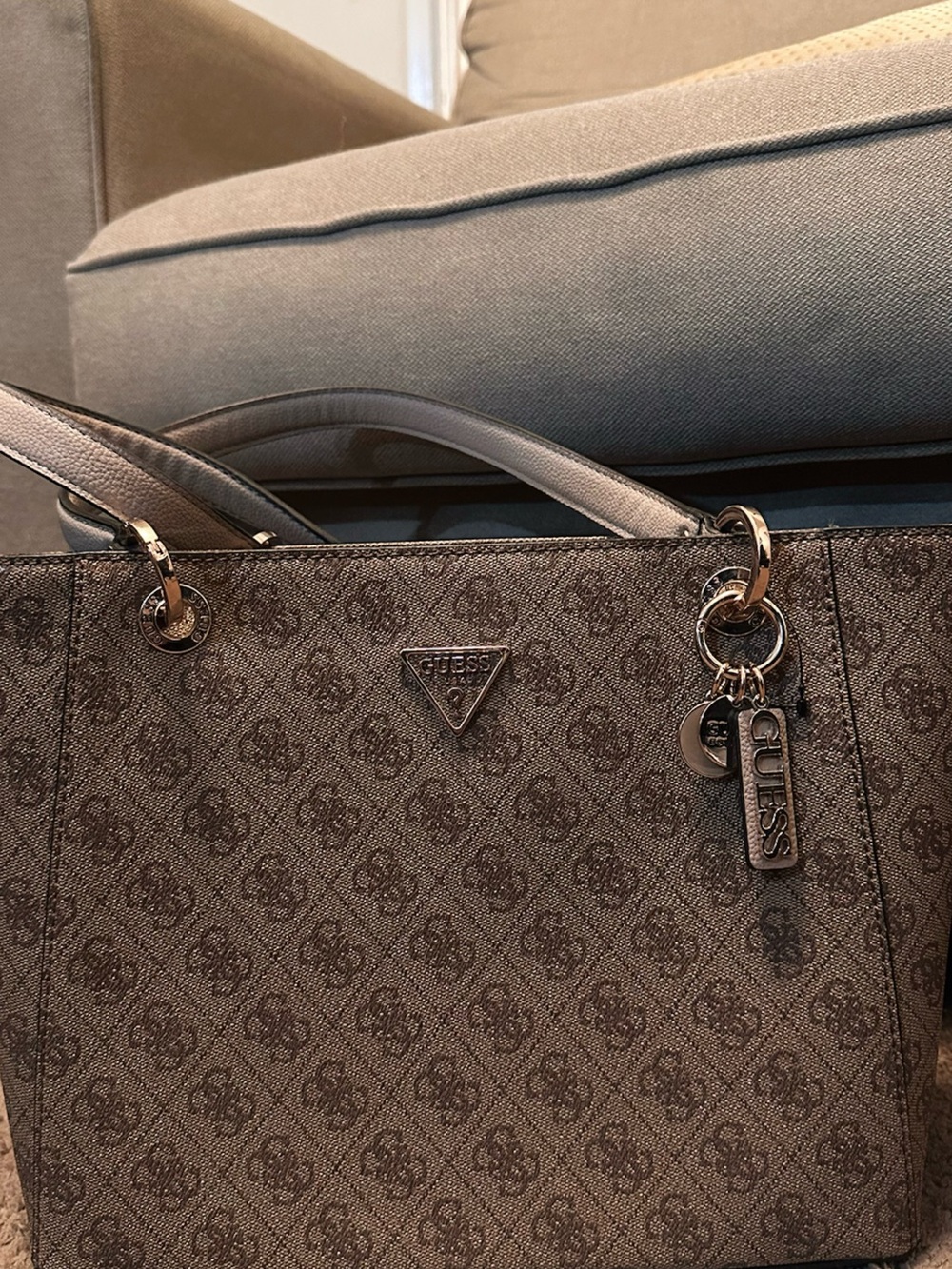 GUESS Metallic Bronze Logo Tote with Signature Charm